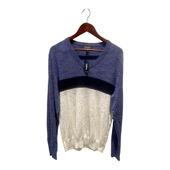 Express Sweaters - Express Blue and White V-Neck Sweater Size L